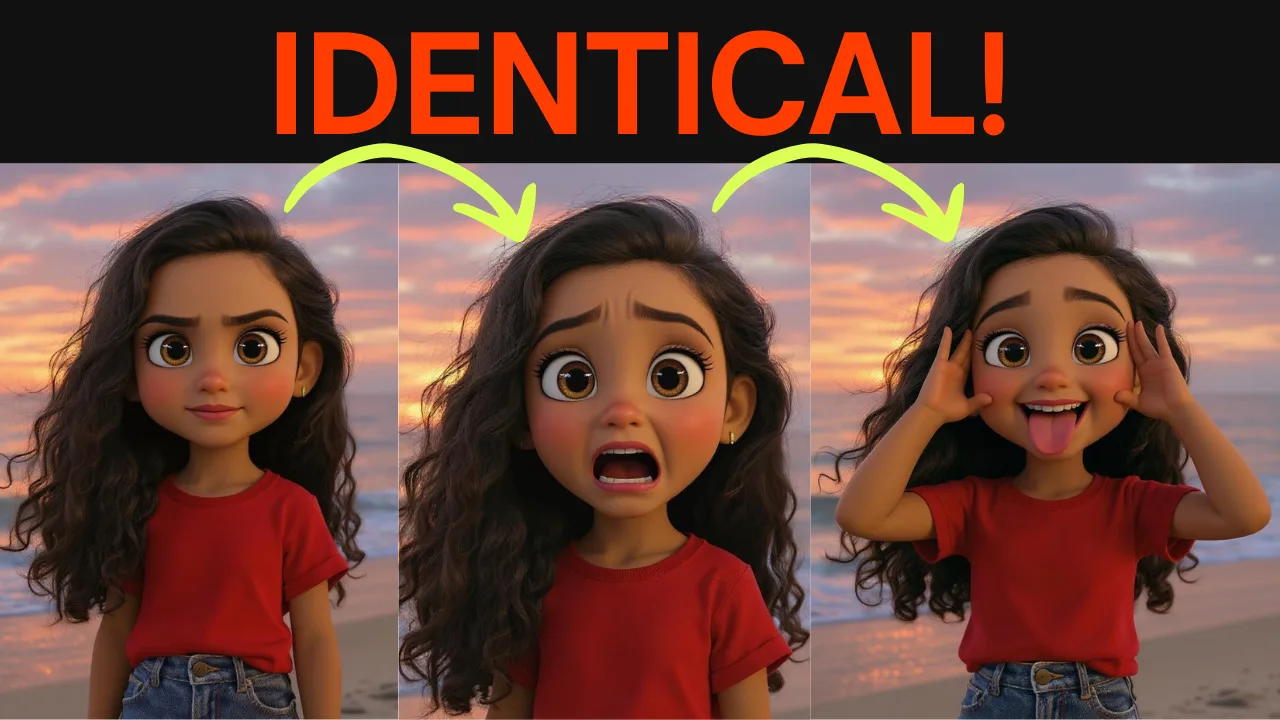 The same cartoon girl in three expressions, all clearly the same character